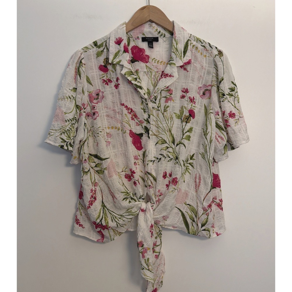 Floral Button Up Crop Top Tie Front Blouse XL Coastal Resort Preppy Fairy Beachy - Picture 2 of 13